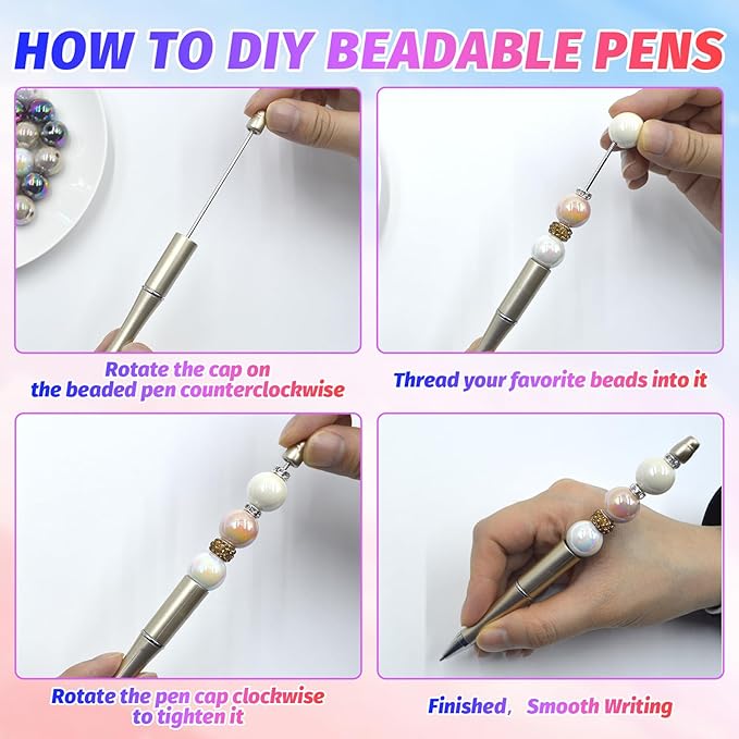 300 Pieces DIY Beadable Pen Kit – 100 Plastic Ballpoint Pens with Refills & Bags – School Supplies, Office Accessories & Decorative Items for Students & Teachers (Gold)