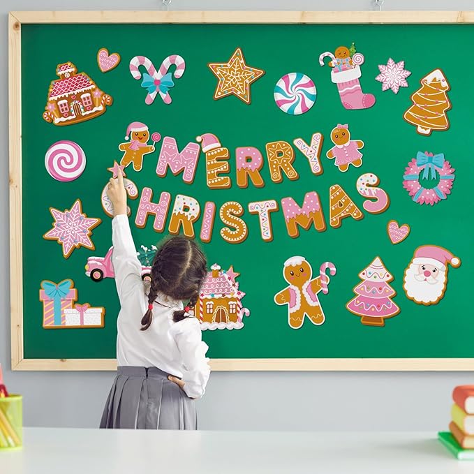 Kosiz 54 Pcs Christmas Bulletin Board Set Pink Gingerbread Man Cut-outs Merry Christmas Bulletin Board Decoration Set Pink Gingerbread House Cutouts for Xmas Holiday Party School Home Wall Door Decor