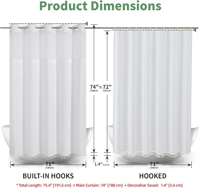 White Farmhouse No Hook Shower Curtain Set with Snap-in Fabric Liner,Boho Heavy-Duty Linen Textured Rustic Striped Design,Water-Repellent with Tassels and Sheer Window,71x74