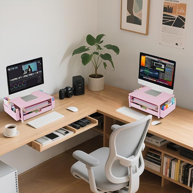 Desk Organizer and Accessories, 2-Tier Computer Monitor Stand Rise with Storage Drawer & 2 Pen Holders, Laptop & Printer Stand for Desktop, Workspace Organizers for Office Supplies (Pink)