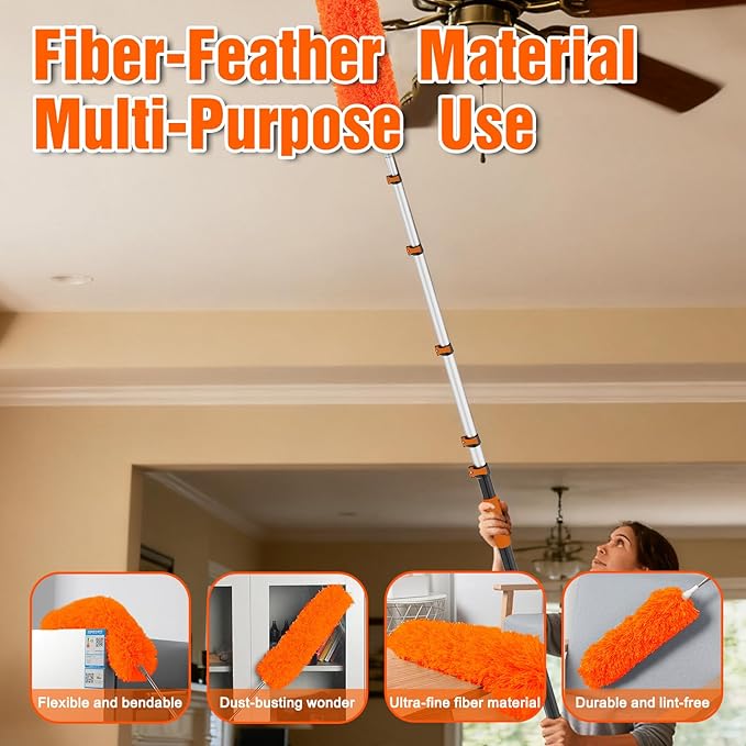 30FT High Ceiling Duster Kits with 5-24FT Telescoping Extension Pole - Fan Blade Cleaner, Cobweb Remover & Window Cleaning Kit, Washable Dust Brush for High Roof and Glass Surfaces