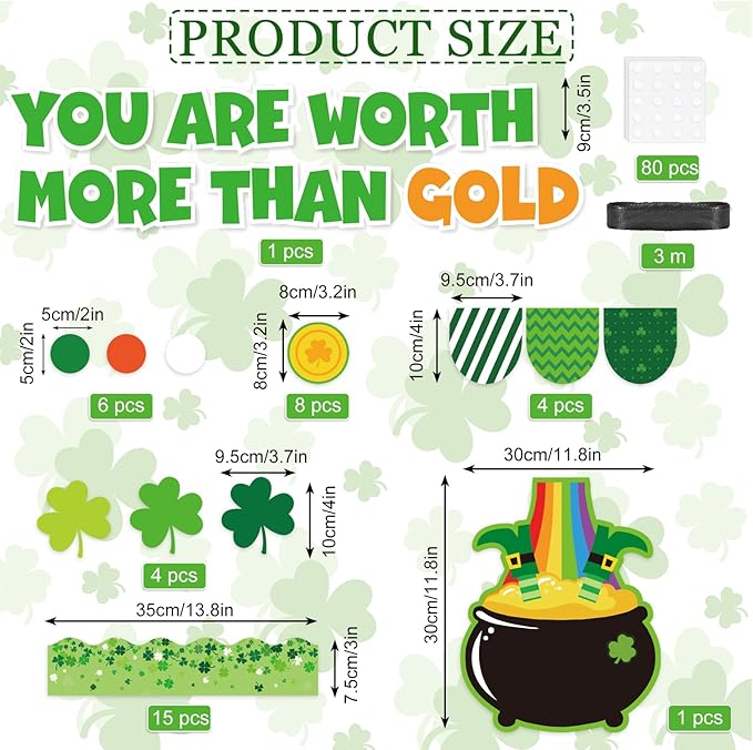 JarThenaAMCS 72Pcs St. Patrick's Day Bulletin Board Decor Set Shamrock Clover Gold Coin Cut-Outs with Glue Points Bulletin Board Stickers for Irish Holiday School Classroom Wall Decor