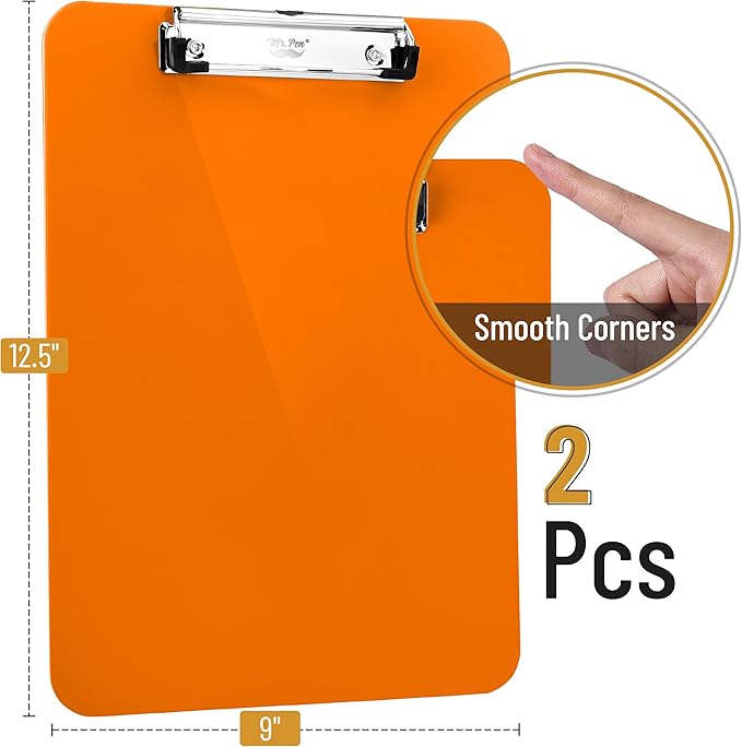 Mr. Pen- Plastic Clipboard, 12.5" x 9", 2 Pack, Orange Clipboard Plastic, Low-Profile Metal Clip with Retractable Hanging Hole