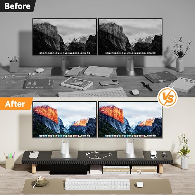 Dual Monitor Stand Riser, 39 Inch Extra Long Wooden Desktop Monitor Riser with Storage for 2 Monitors Ultra Strong Desk Shelf Organizer Riser Ergonomic for 2 Screens/Laptop/PC/TV/Printer, Large, Black