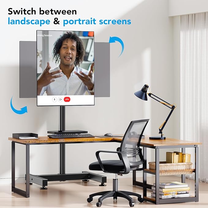 Floor TV Stand with Mount for 13-50 inch Screens, Tilting and Height Adjustable Floor Monitor Stand Mount, Portrait to Landscape, Portable TV Stand with Shelf Holds up to 77lbs Max VESA 200x200mm