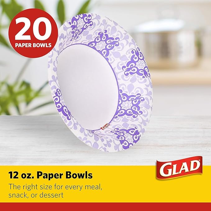 Glad Round Disposable Paper Bowls, Purple Victorian Design - Heavy Duty, Soak Proof, Cut-Resistant, Microwavable Bowl for All Foods & Daily Use, 12 Oz, 20 Count - 2 Pack