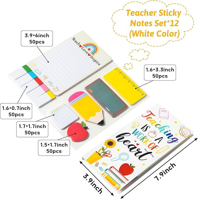 Xqumoi 12 Pack Teaching is A Work of Heart Sticky Notes Set - Ruler Blackboard Pencil Apple Shape Self-Stick Note Pads Teacher Appreciation Gift Writing Memo Pads Page Marker School Office Supplies