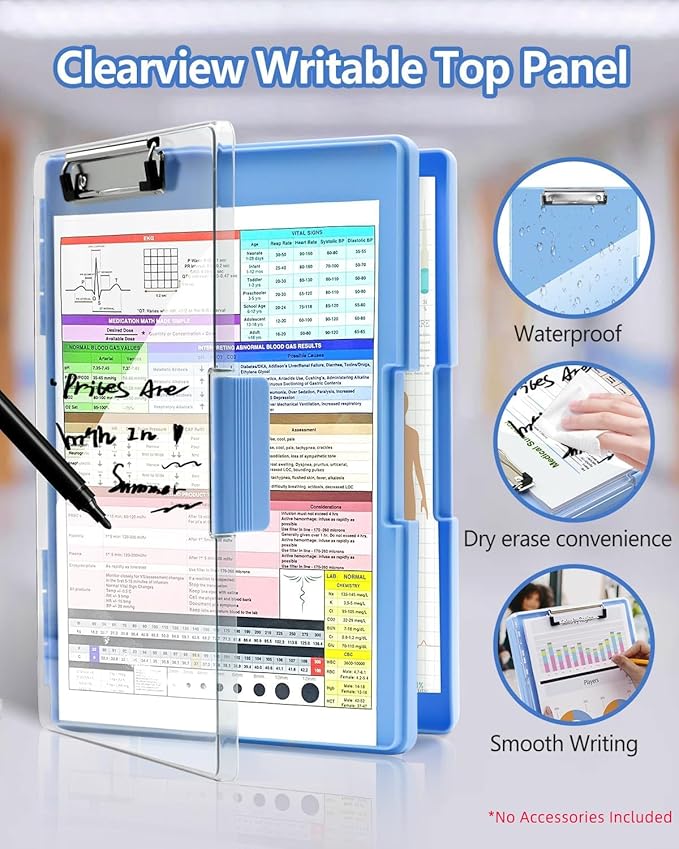 Clearview Clipboard with 2 Storage, Dry Erase 8.5x11 Heavy Duty ClipBoards - High Capacity Coaches Clip Board with Pen Holder - Side Opening Plastic Nursing Clip Case - Aqua Blue
