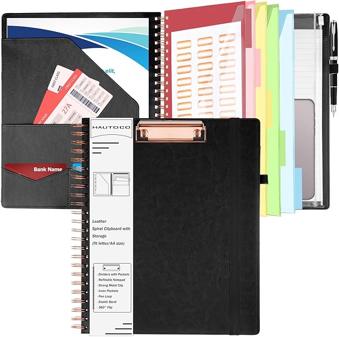 HAUTOCO Spiral Leather Clipboard Folio with Notepad (8.5 x 11''), 5 Folders with 10 Pockets, Storage Zipper Pouch, Pen Loop, 39 Stickers, Padfolio Organizer for Work School, Black