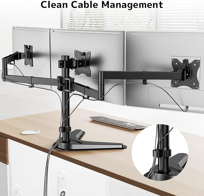 Triple Monitor Stand, Heavy Fully Adjustable Motion Mount Fits 3 Screens up to 27 inche, Free Standing Desk Stand with Base and Cable Management, 22 lbs Weight Capacity per Arm, Black
