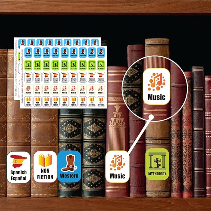 Genre Book Spine Labels for Library | Classroom Library Classification Stickers 450pcs | Nonfiction,Western,Mythology,Spanish,Music