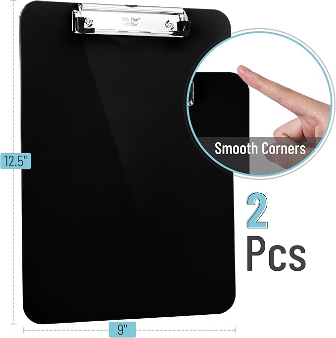 Mr. Pen- Plastic Clipboard, 12.5" x 9", 2 Pack, Black Clipboard Plastic, Low-Profile Metal Clip with Retractable Hanging Hole