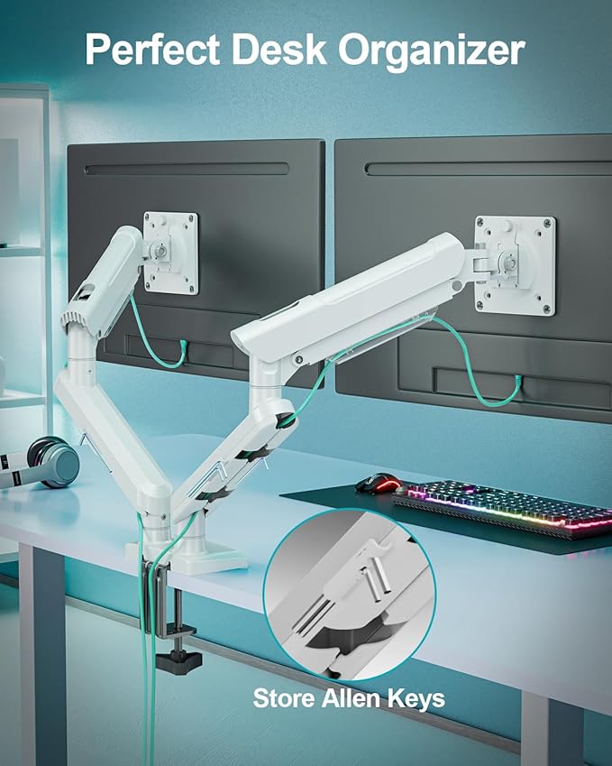 Dual Monitor Desk Mount, 13-32 inch Adjustable Full Motion Monitor Arm, Computer Display Stand Holder with Clamp and Grommet Base, Fits 4.4 to 22lbs Screens, VESA Mount Bracket, White, Freelift Pro