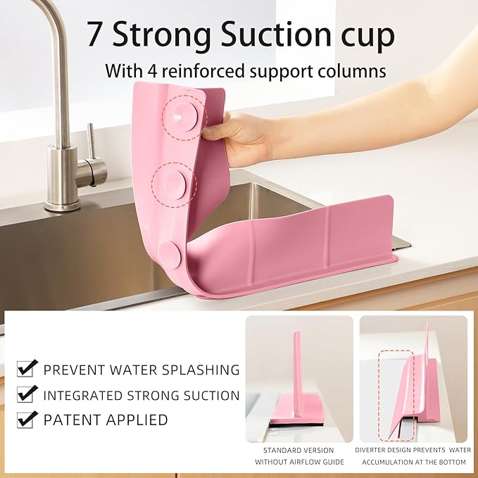 23" Ultra Silicone Sink Splash Guard Released in 2025/Dec,Self-Draining Water Splash Guard for Kitchen Sink,Bathroom and Island,with 3.5" High Splash Guard & 7 Strong Suction Cup (Pink)