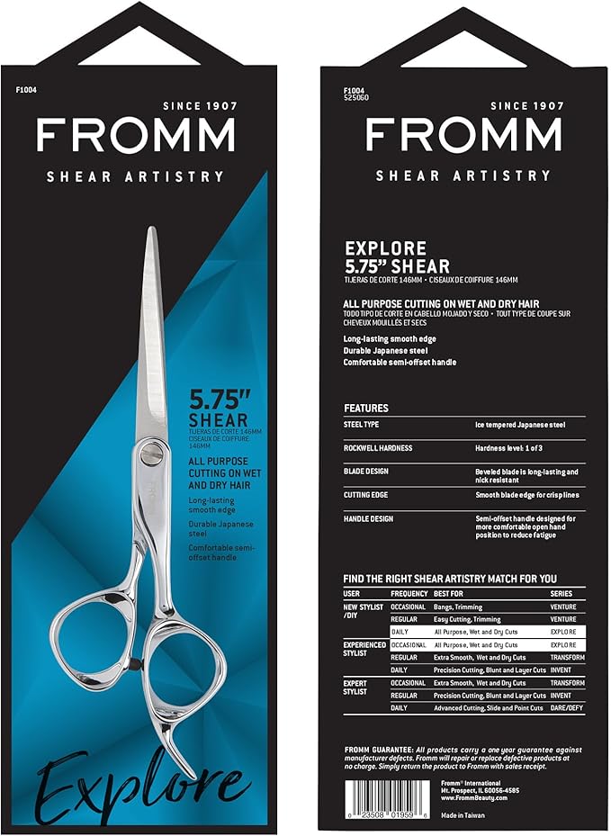 Fromm Professional Explore 5.75" Hair Cutting Shears for Wet & Dry Hair Polished Silver Japanese Steel Scissors with Beveled Blade, Professional Shears For Hair Stylist, Cosmetology & Salon Supplies