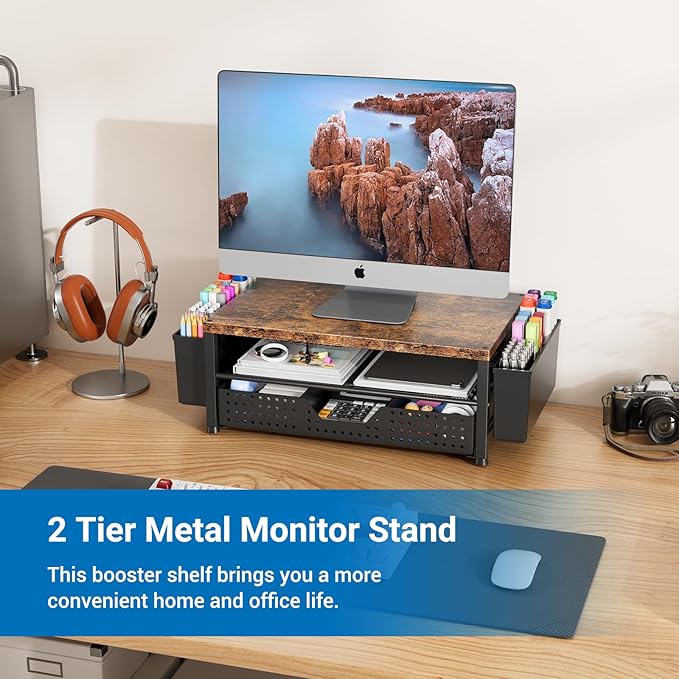 Wood Monitor Stand Riser, Laptop Stand for Desk, Office Desk Organizer and Accessories, Computer Desktop Shelf with Drawer and Pen Holder, Printer Stand for Home, Office, Dorm (Brown)