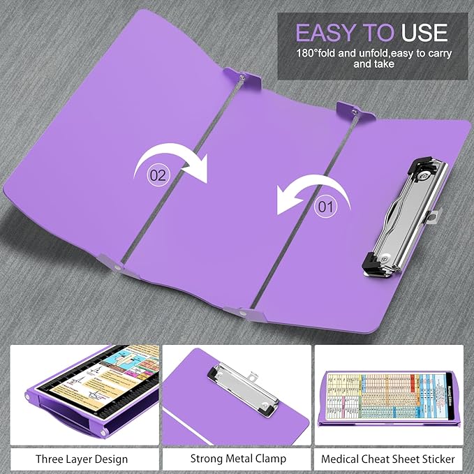 Nurse Clipboard Nursing Clipboard Foldable: Folding Clipboards with Nursing Edition Cheat Sheets 3 Layers Trifold Clip board Pocket Size Aluminum Clinical Clip boards for Nurses Students Doctor Purple