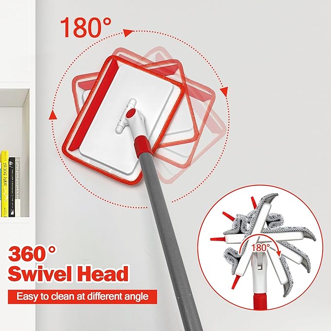 JEHONN Baseboard Cleaner Tool with Handle, 56 inches Base Boards Cleaning Mop Scrubber, 1 Stiff Bristles Brush, 2 Chenille and 2 Microfiber Pads, Wall Duster for Floorboard Ceiling Window Tile