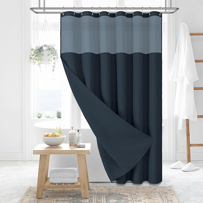 Dynamene Fabric Shower Curtain with Snap in Liner, Navy Blue Waffle Hotel Shower Curtains for Bathroom, Washable Waterproof Cloth Shower Curtain Liner Set with Plastic Hooks, Mesh Top Window, 72x72