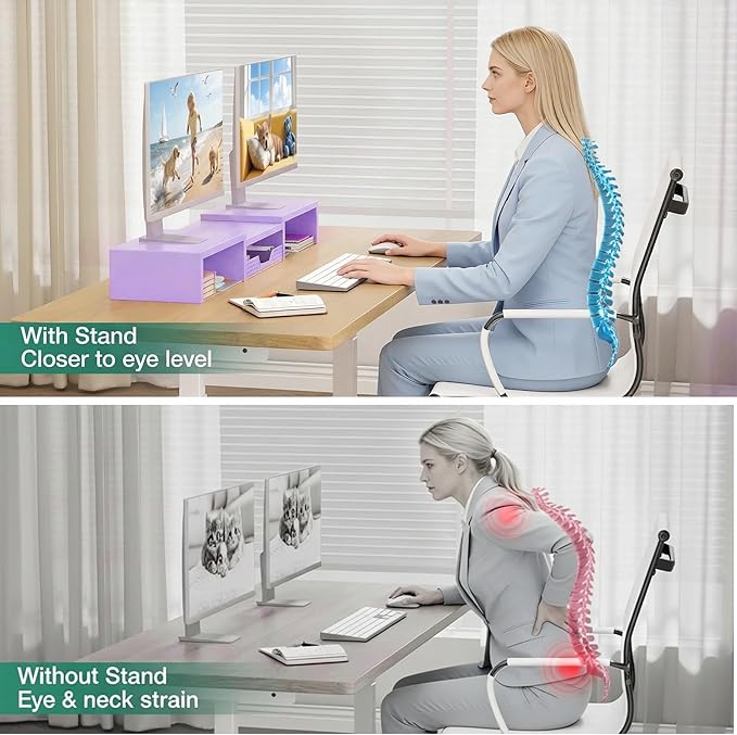 OPNICE Dual Computer Monitor Stand Riser with Drawer, Workspace Desk Organizer, Office Supplies Desk Accessories for Women, Purple