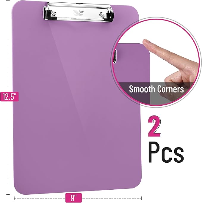 Mr. Pen- Plastic Clipboard, 12.5" x 9", 2 Pack, Pastel Purple Clipboard Plastic, Low-Profile Metal Clip with Retractable Hanging Hole