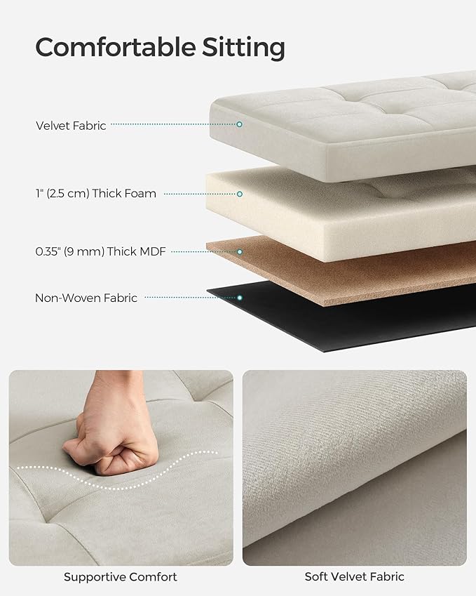 SONGMICS Mazie Collection - Storage Ottoman Bench, Foldable Foot Rest, 15 x 43 x 15 Inches, End of Bed Bench, Storage Chest, Load 660 lb, Living Room, Bedroom, Entryway, Cream White ULSF277W01
