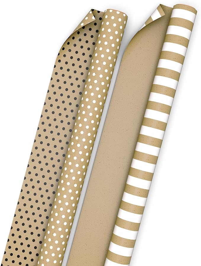 Hallmark Bulk Kraft Reversible Wrapping Paper Rolls (2 Rolls: 160 Sq. Ft. Total) Black Polka Dots, White Stripes for Birthdays, Weddings, Graduations, Baby Showers, Holidays