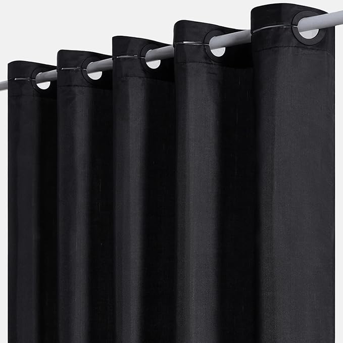 Furlinic Black Stall No Hook Shower Curtain,Heavy Duty Fabric Bathroom Curtain with 6 Plastic Built-in Hooks,Washable & Waterproof,Small Narrow,48x72 Inch
