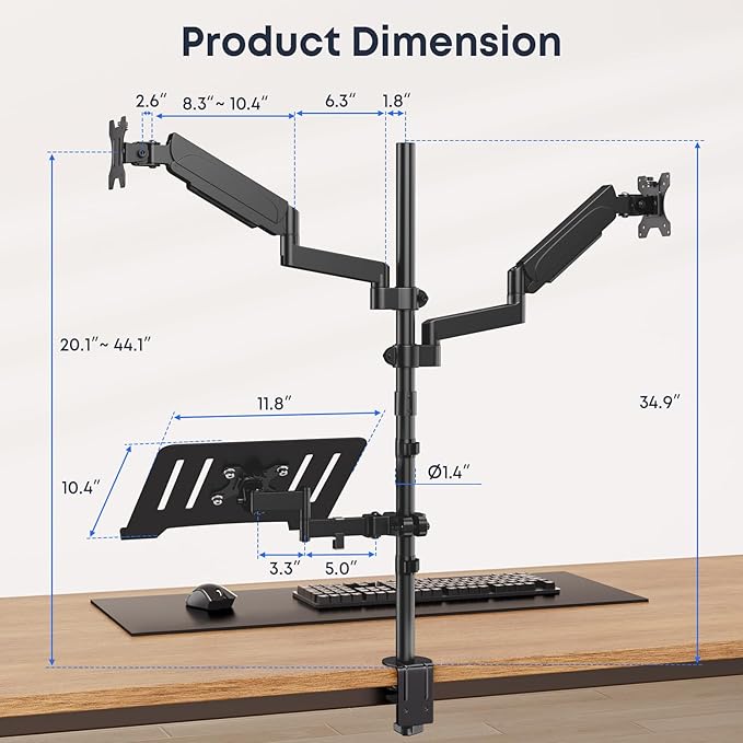 Dual Monitor and Laptop Mount Stand with Extra Long Pole, Holds 2 Monitors up to 32 Inch 19.8 lbs Each and 10-17 Inch Laptop, Full Motion Adjustable Desk Mount with C Clamp