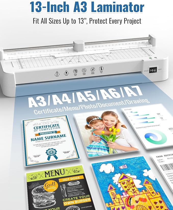 13in Laminator Machine with Sheets 50pcs + Paper Trimmer + Corner Rounder, 11x17 / ABS Anti-Jam Technology |Dual Hot and Cold Mode | 90s Fast Preheat for A3/A4/A5/A6 Home Office School Use