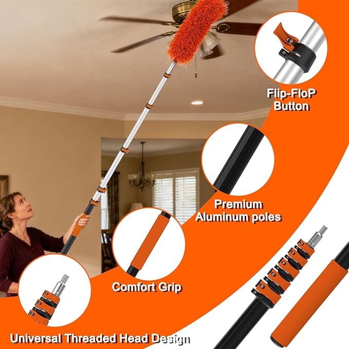 30FT High Ceiling Duster Kits with 5-24FT Telescoping Extension Pole - Fan Blade Cleaner, Cobweb Remover & Window Cleaning Kit, Washable Dust Brush for High Roof and Glass Surfaces