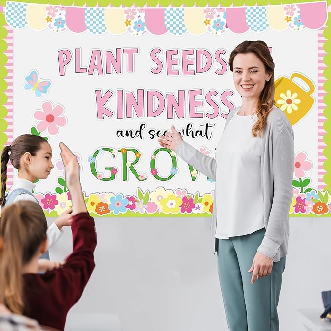 Spring Floral Bulletin Board Set Plant Kindness Colorful Flower Paper Cutouts Motivational Plants Classroom Decoration for Summer Wall Door Decor Kindergarten Back to School Supply