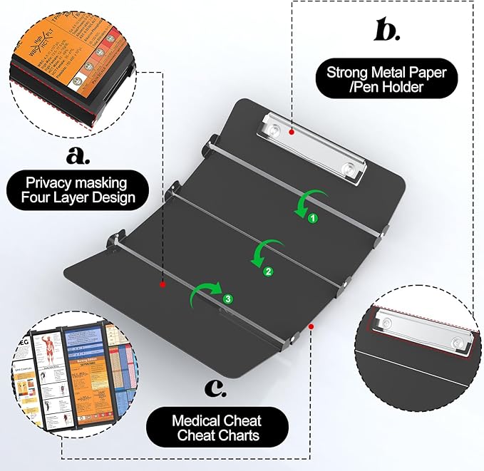 Nursing Clipboard Foldable-4 Layers Aluminum Nurse Foldable Clipboard Nursing Medical Edition Cheat Sheets, Pocket Size Pen Clip for Nurses Students School and Doctors-Black