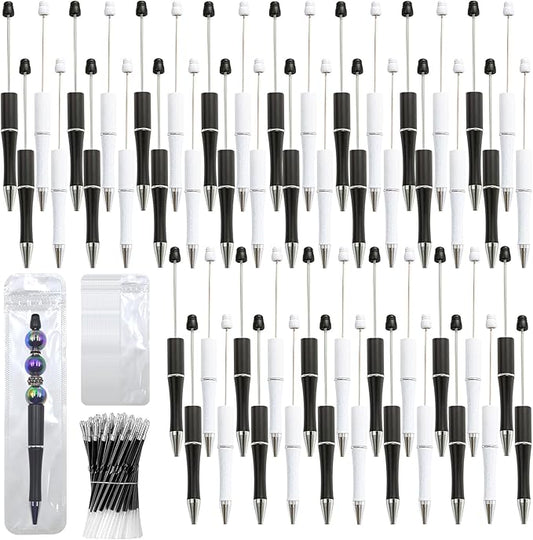 150 Pieces DIY Beadable Pen Kit – 50 Plastic Ballpoint Pens with Refills & Bags – School Supplies, Office Accessories & Decorative Items for Students & Teachers (Black and White)