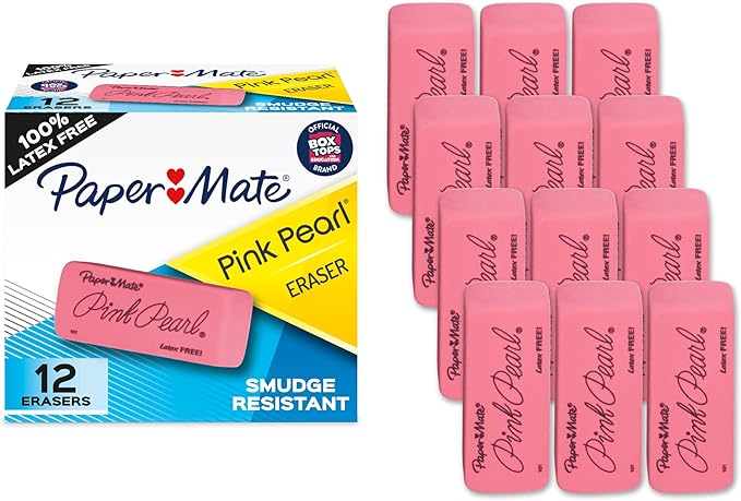 Paper Mate Erasers, Pink Pearl, 12 Count - Latex Free and Smudge Resistant, Back to School, Teacher Supplies