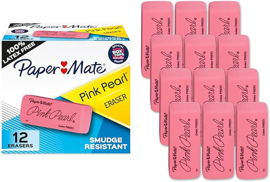 Paper Mate Erasers, Pink Pearl, 12 Count - Latex Free and Smudge Resistant, Back to School, Teacher Supplies
