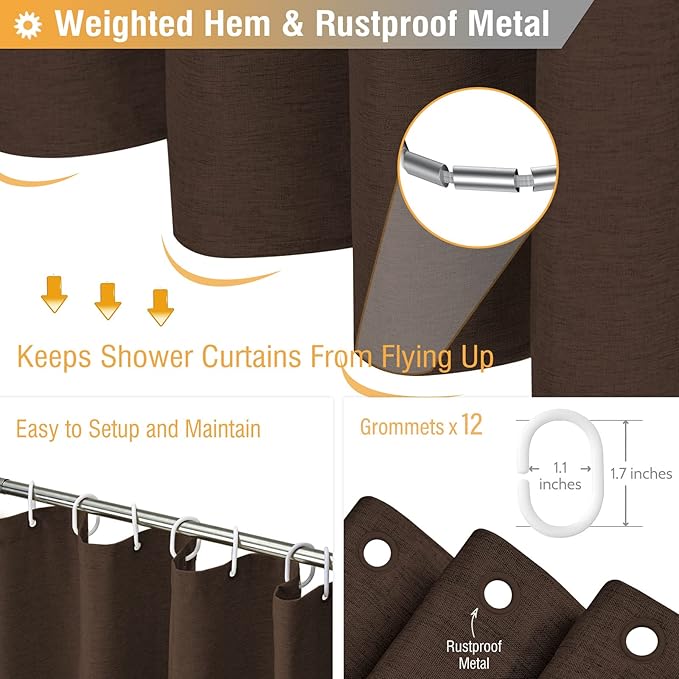 BTTN Fabric Shower Curtain, Linen Textured Heavy Duty Polyester Cloth Shower Curtain Set with Plastic Hooks, Brown, 72x96