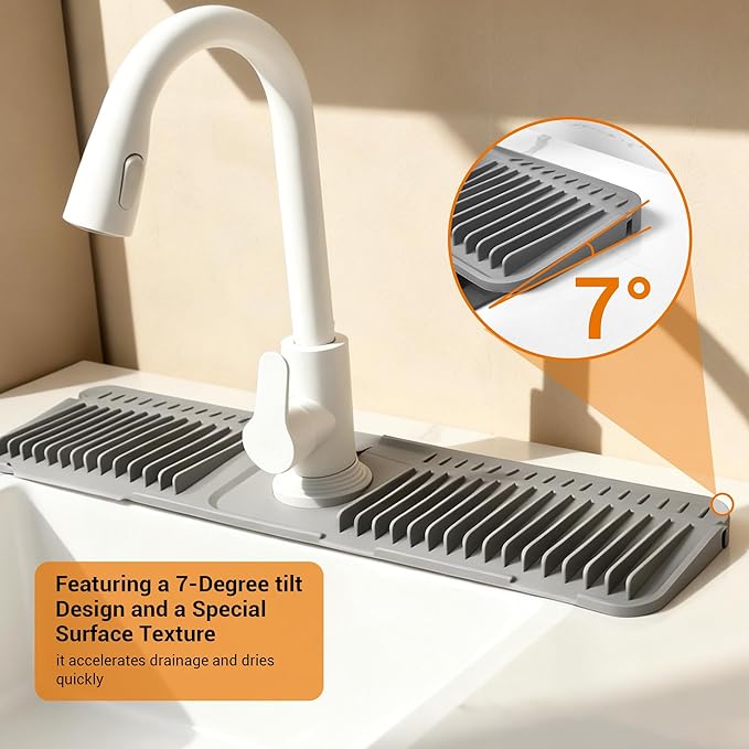 Faucet Mat for Kitchen Sink, 24"X5.5" Silicone Sink Splash Guard with Soap Holder, Snap-On Design & 7°slope Fast Drain, Folding Sink Faucet Mat for Universal Kitchen Bathroom Sink（Grey）