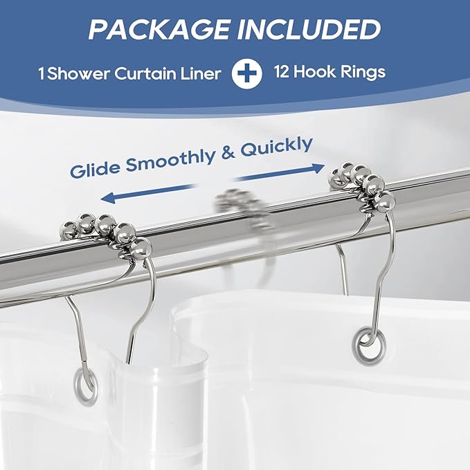 downluxe Clear Shower Curtain Liner with Hooks, PEVA Plastic Shower Liner, 72" W x 84" L Waterproof Lightweight Bathroom Curtain(12 Hooks, 1PC)