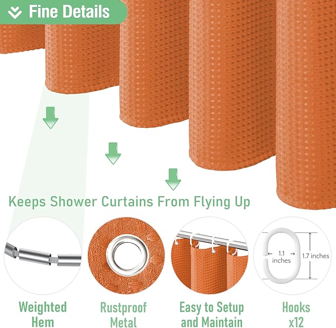 Dynamene Long Fabric Shower Curtain - 78 inch Long Waffle Weave Weighted Cloth Shower Curtains for Bathroom, Neutral Heavy Duty Hotel Spa Luxury Bath Curtain Set with 12 Hooks, 72x78, Burnt Orange