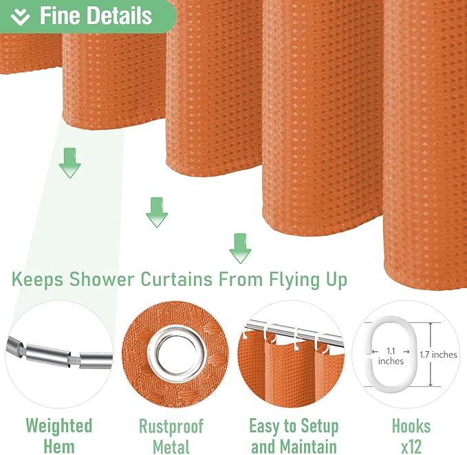 Dynamene Burnt Orange Fabric Shower Curtain - Waffle Weave Textured Heavy Duty Cloth Shower Curtains for Bathroom, 256GSM Hotel Luxury Weighted Bath Curtain Set with 12 Hooks,72x72, Burnt Orange