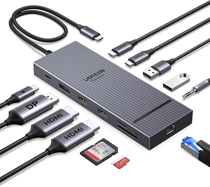 UGREEN 12 in 1 Triple 4K Docking Station with 2 HDMI, DP, 2x10G USB C, 2×USB-A2.0, 100W PD, SD/TF, 1000Mbps Ethernet, 3.5MM Audio, Revodok Pro USBC Hub Multiple Adapter for DELL, HP and More