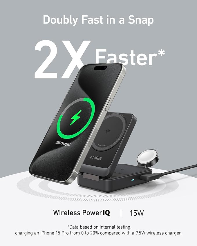 Anker MagGo 3 in 1 iPhone 17 Charging Station, MagSafe-Compatible Wireless Charger Stand, Qi2 Certified 15W Foldable Charger for iPhone 17/16/15/14/13/12, AirPods, Apple Watch Ultra(Adapter Included)