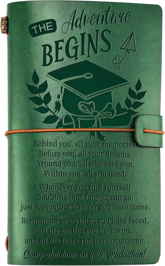 PRSTENLY Graduation Gifts Leather Journal, Graduation Gifts for Her Him 140 Page Refillable Journal, High School University College Graduation Gift Ideas for Women Men(Green)