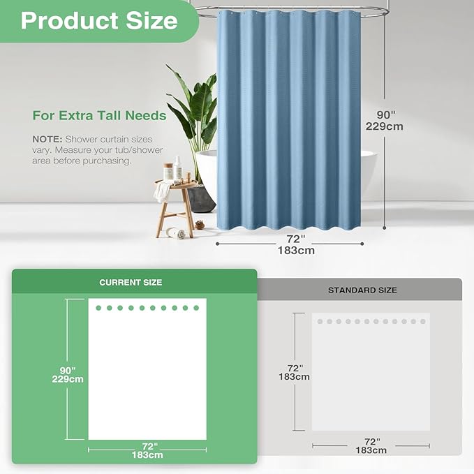 Dynamene Extra Long Fabric Shower Curtain - Waffle Weave 90 Inches Long Heavy Duty Cloth Shower Curtains for Bathroom, 256GSM Tall Hotel Luxury Bath Curtain Set with 12 Plastic Hooks, Moonlight Blue