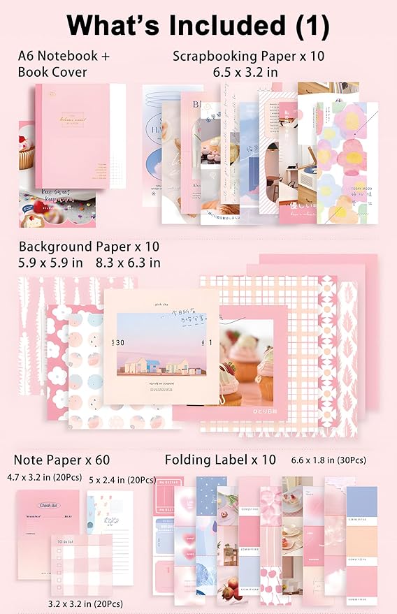 JOYCHOIC 348 Pcs Pink Scrapbook Supplies Kit, Dessert Junk Journal, Scrapbooking and Journaling Materials, Large Aesthetic Collection for Women, Stationery Arts Craft, Adults Daily