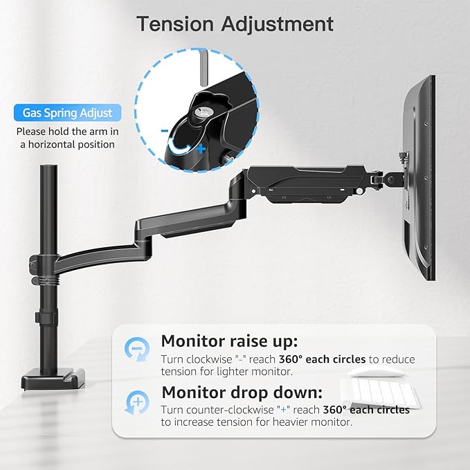 MOUNTUP 27 inch Extra Long Monitor Arm, Single Desk Mount for 22-32 inch, Tall Monitor Stand Holds 4.4-19.8lbs, Height Adjustable Monitors Stand for Desk with C-Clamp/Grommet Base, Black