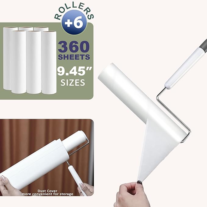 Large Lint Rollers for Pet Hair Extra Sticky, 9.45'' Long Handled Giant Lint Roller,6 Replaceable Rolls for Cleaning Carpets, Clothing, Couch, Furniture Wall Cleaner Mop Dust Remover