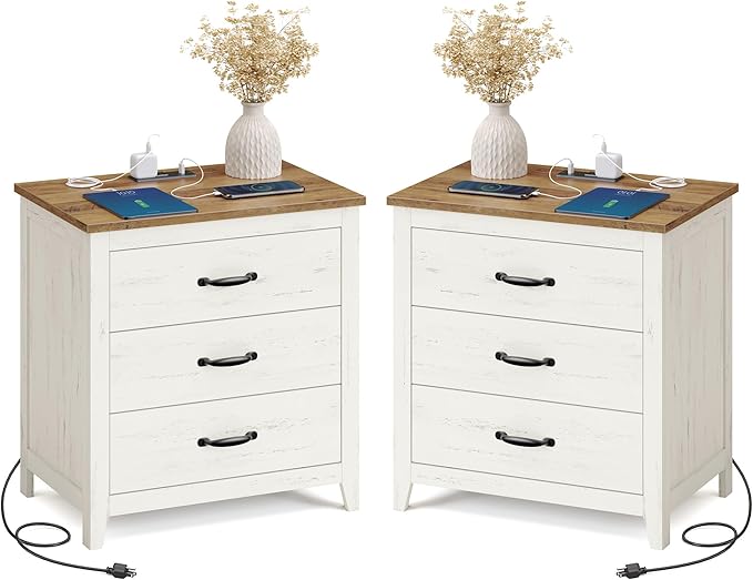 VASAGLE LIRY Collection - Farmhouse Nightstand with Charging Station, Set of 2, Bedside Tables, Side End Tables with 3 Drawers, for Bedroom, Rustic White and Honey Brown ULET979W01
