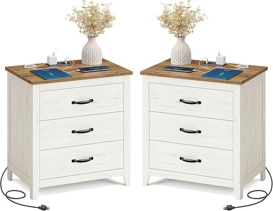 VASAGLE LIRY Collection - Farmhouse Nightstand with Charging Station, Set of 2, Bedside Tables, Side End Tables with 3 Drawers, for Bedroom, Rustic White and Honey Brown ULET979W01